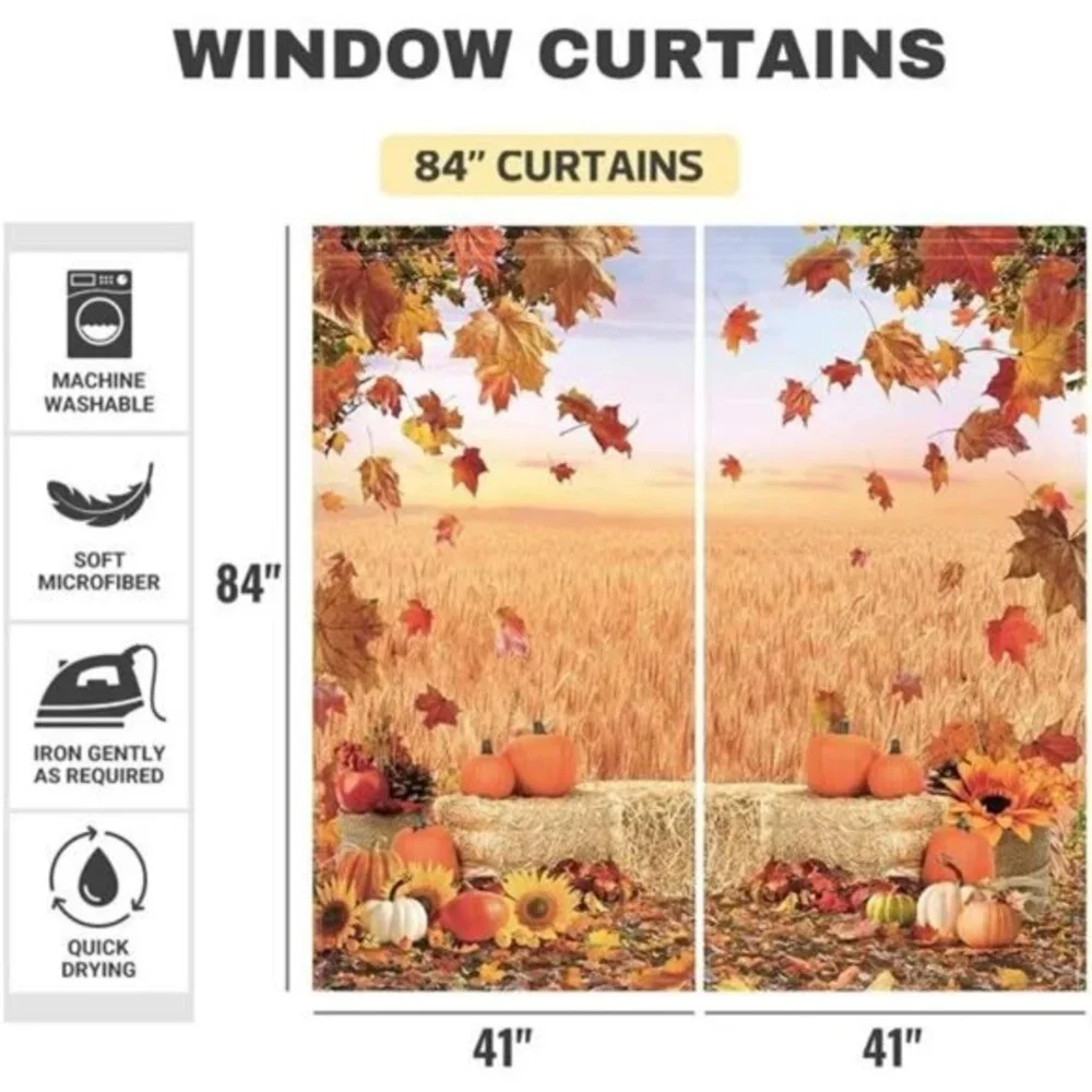 Autumn Scenery Window Curtains- Landscape Pumpkin Print Darkening Drapes, 82x84